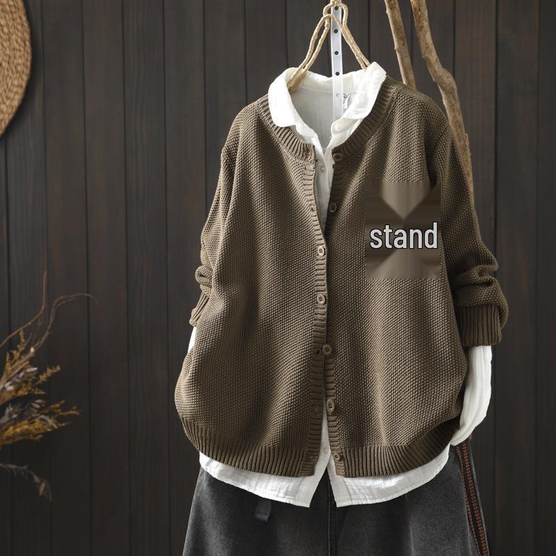 Women's Yellow Cotton Cardigan with Pockets - 2026 Spring Collection, Artistic & Lazy Style Knitwear