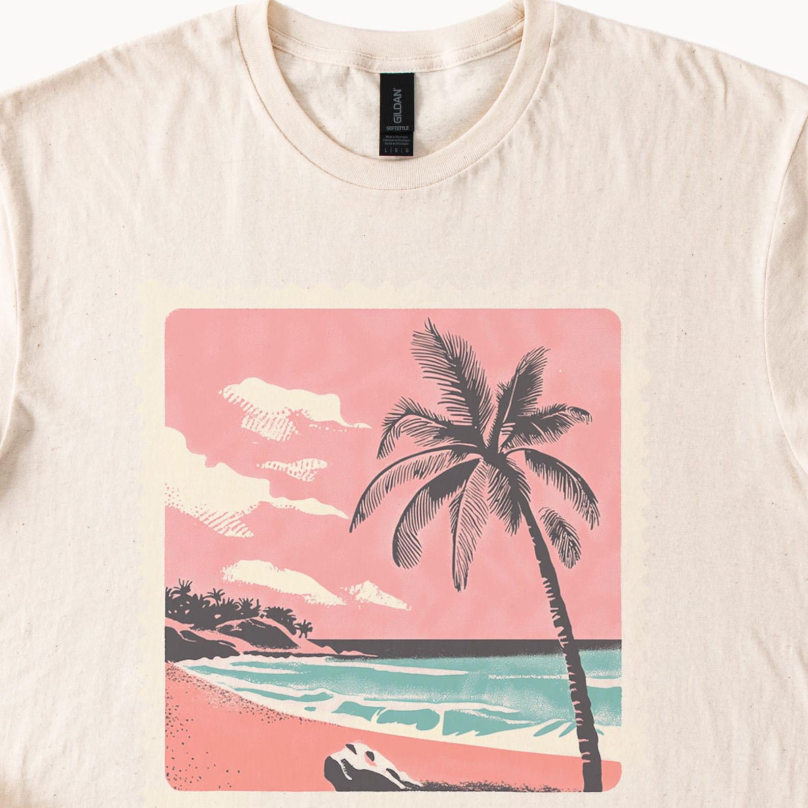 Palm Tree Beach Sunset Graphic T Shirt Tropical Ocean Coastline Art Summer Vacation Tee Relaxed Fit Soft Cotton Shirt for Men and 140