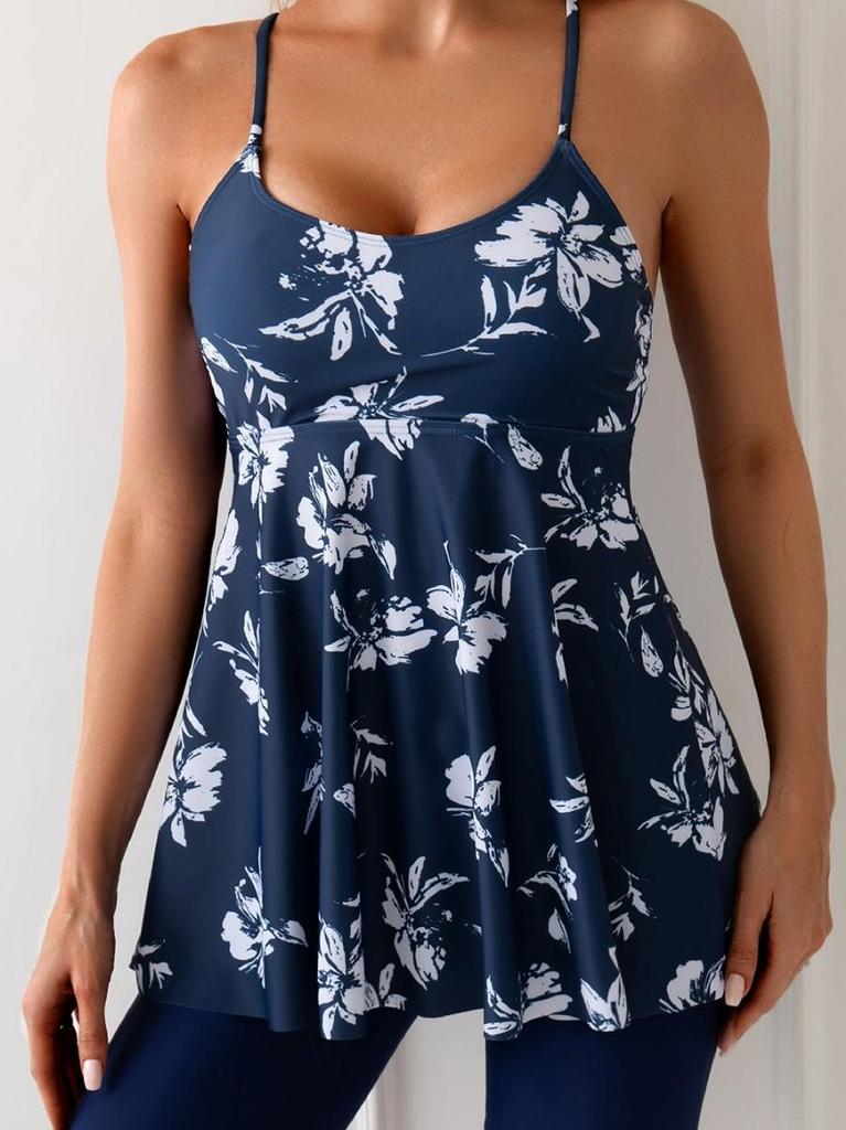 2026 Euro-American Fashion Women's Slimming Two-Piece Swimsuit with Tummy-Covering Shorts and Skirt-Style Digital Print Capri Pants Bikini.