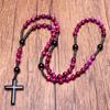 Hematite Cross Pendant Necklace Rose Red Tiger Eye Onyx Catholic Christ Rosary Necklace Natural Stone Prayer Bead Vintage Jewelry