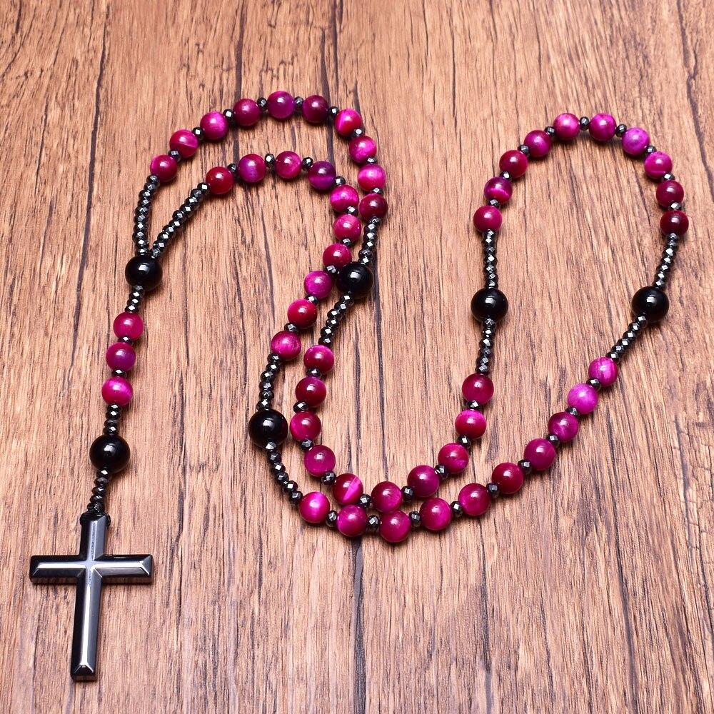 Hematite Cross Pendant Necklace Rose Red Tiger Eye Onyx Catholic Christ Rosary Necklace Natural Stone Prayer Bead Vintage Jewelry