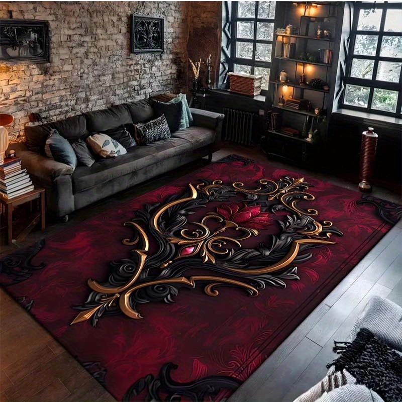 Red Black Gold Baroque Damask Print Carpet Plush Flannel Rug Living Room Bedroom Home Decor Area Rug Non Slip Floor Mat