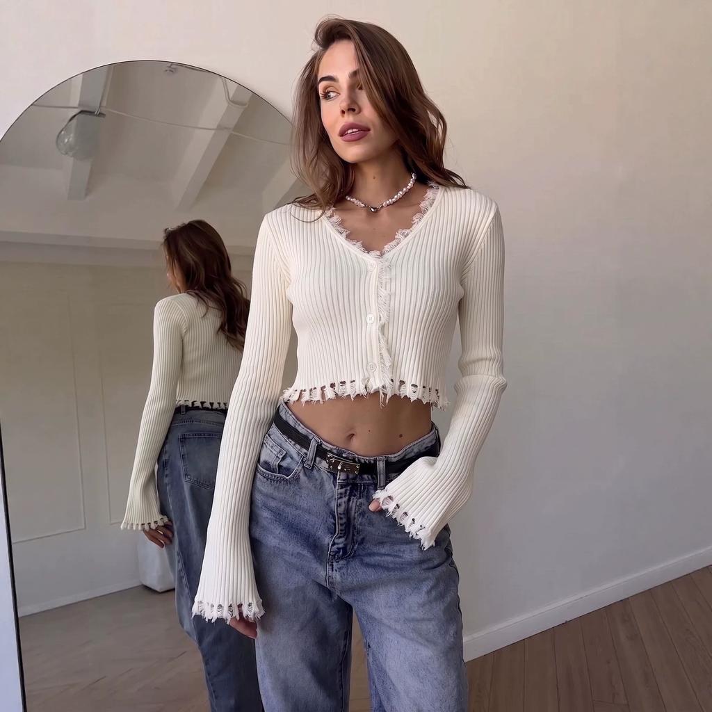 Women S Slim Fit V Neck Frayed Cropped Long Sleeve Knit Cardigan