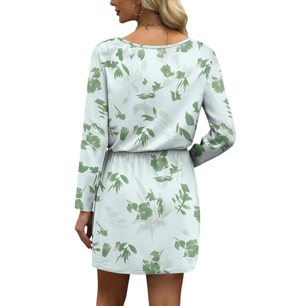 Damenmode V-Ausschnitt Langarm Kordelzug Mit Tasche Blumendruck Freizeitkleider