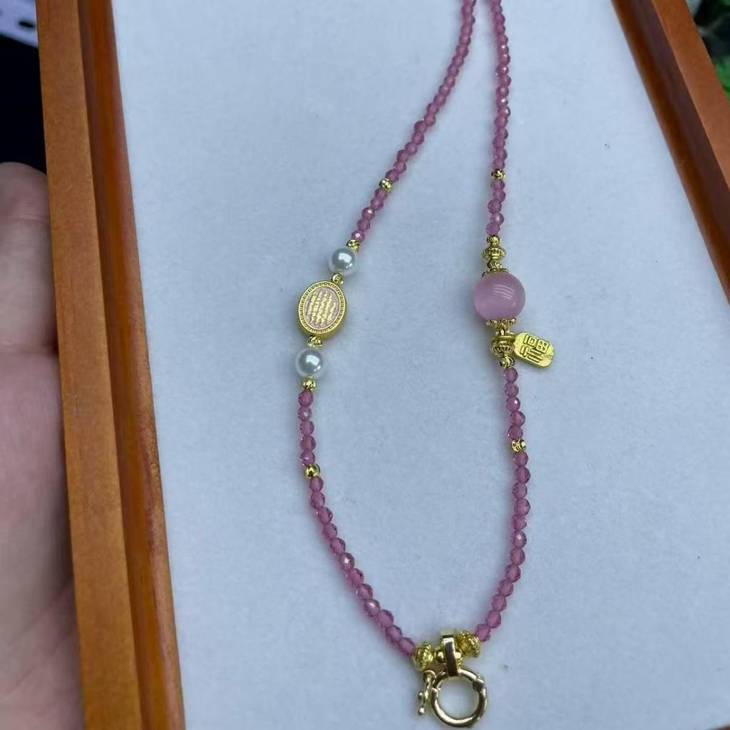 Thailand Amulet Crystal Beaded Necklace with Thangka Buckle and Jade Pendant