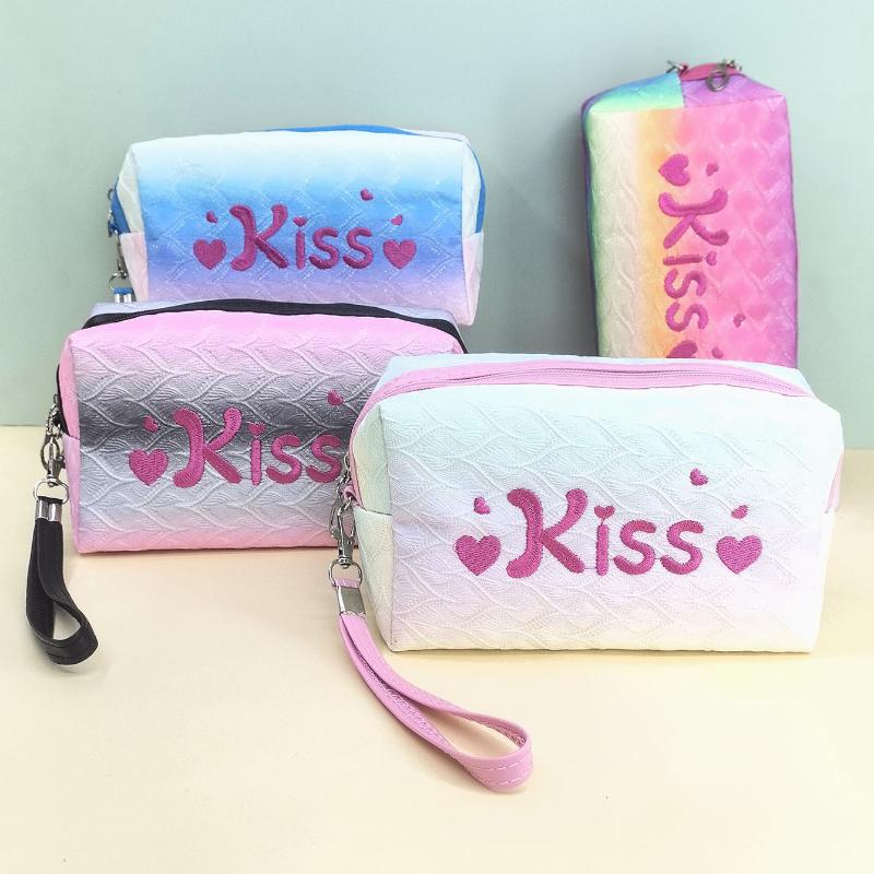 Fashion Embroidered Kiss Letter Makeup Bag Ins Style Gradient Color Storage Bags Large Capacity Toiletry Bags For Women Gifts