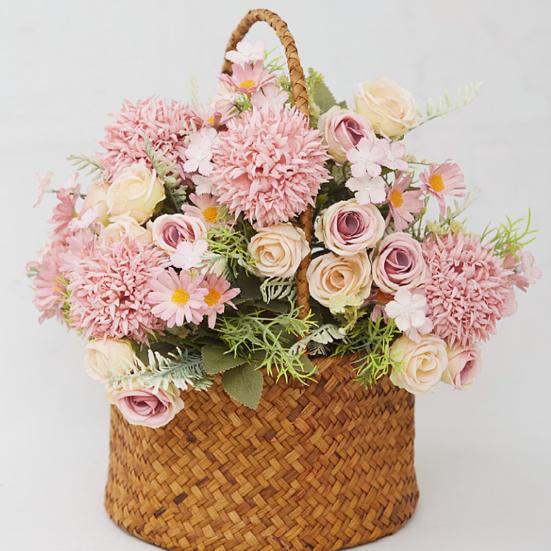 Artificial Rose Flower with Green Leaves UV Resistant Fake Silk Flower Home Wedding Party Table Centerpiece Indoor Outdoor Faux Bloom Decoration