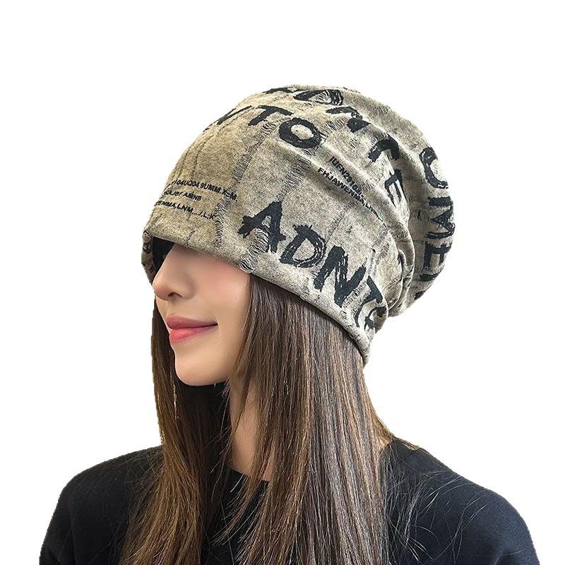 Korean Style Double Layer Graffiti Letter Frayed Women's Beanie - Breathable & Thin Postpartum Head Covering