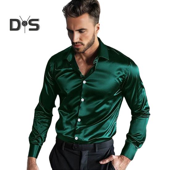 

Мужская атласная глянцевая рубашка, однотонная, с длинным рукавом, гладкая, с отворотом, на пуговицах, деловая рубашка для офиса, свадьбы, вечеринки L темно-зеленого
