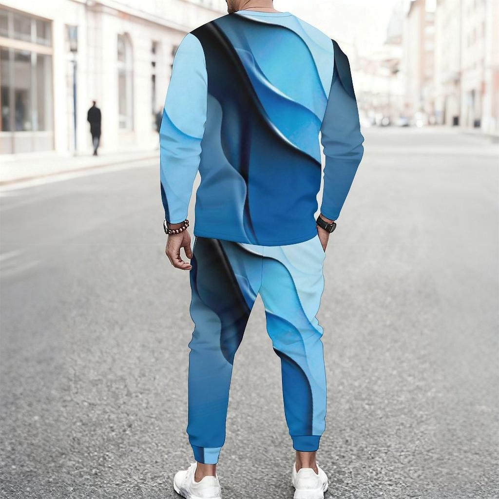 Men Black White Abstract Curve Line Print Long Sleeve Sweatshirt Jogger Pants Two Piece Suit