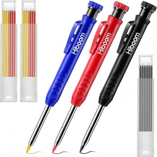 Hiboom 3 Pack Solid Carpenter Pencil with 21 Refill, Long Nosed Deep Hole Mechanical Pencil Marker with Built in Sharpener for Carpenter, Design