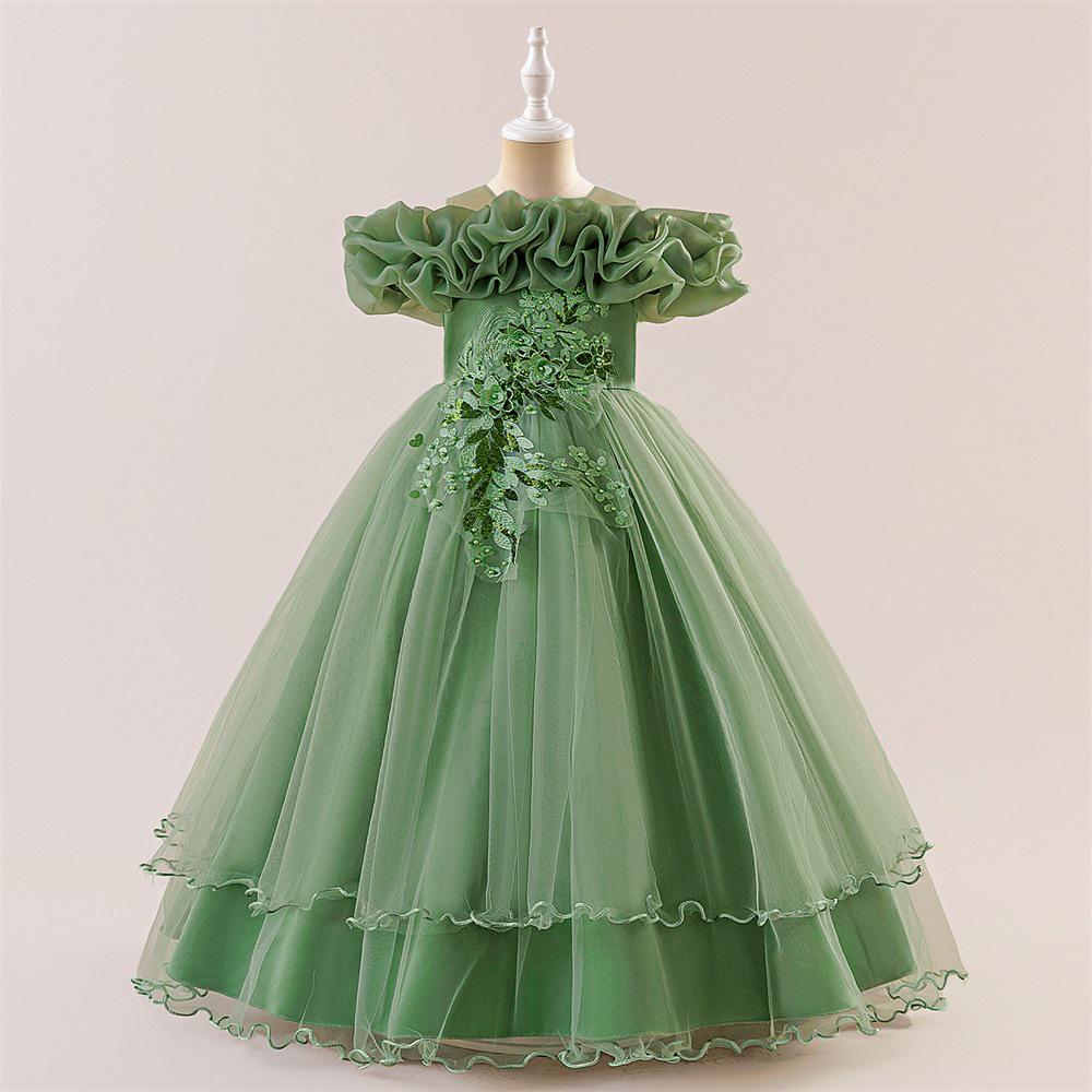 

Детское платье принцессы из тюля с открытыми плечами для свадеб, банкетов, выступлений на фортепиано и вечеринок 170cm/12Y авокадо/зелёный