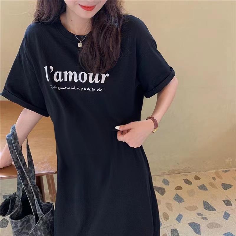 Plus Size Korean Summer Over-Knee Dress – Loose Fit, Belly-Covering, Short Sleeve, Long Length T-Shirt Dress for Women