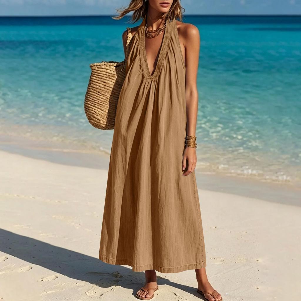 Women's Fashion Sleeveless V Neck Backless Casual Loose Fit Long Dress Summer Beachwear Maxi Dress