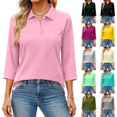Damesmode Casual Revers Korte 3/4 Mouw Kleur Shirt Dames Knopen Omhoog Tops