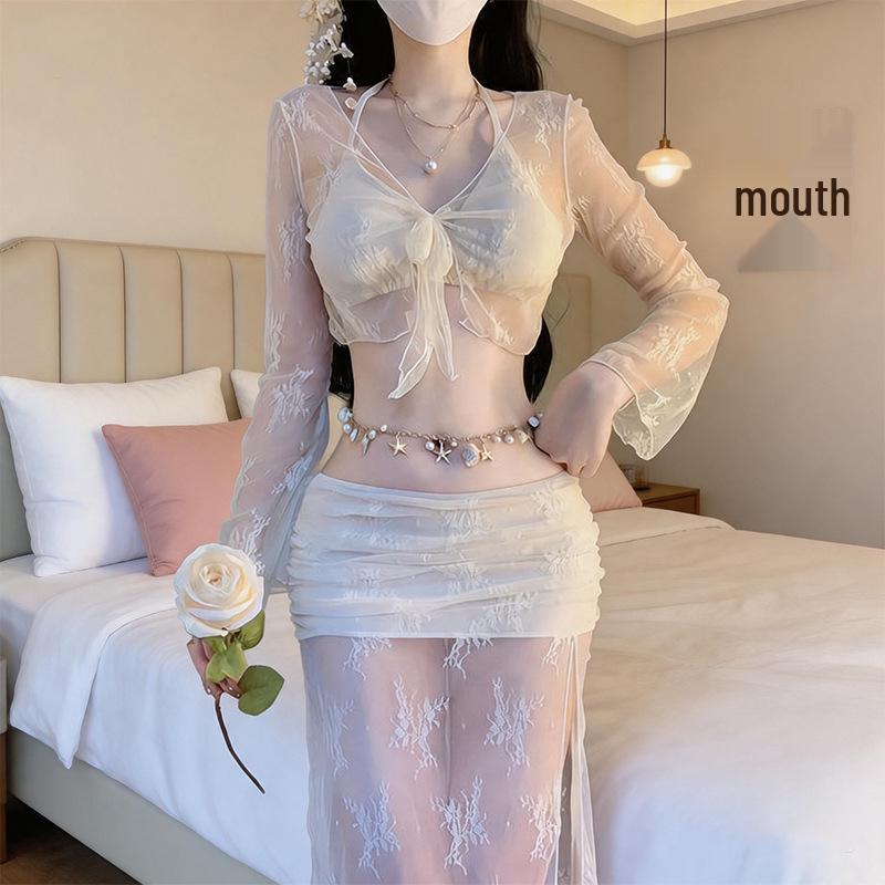 Seaside Lace Four-Piece Swimsuit Set with Sun-Protective Cover-up and Fairy Layer Bikini