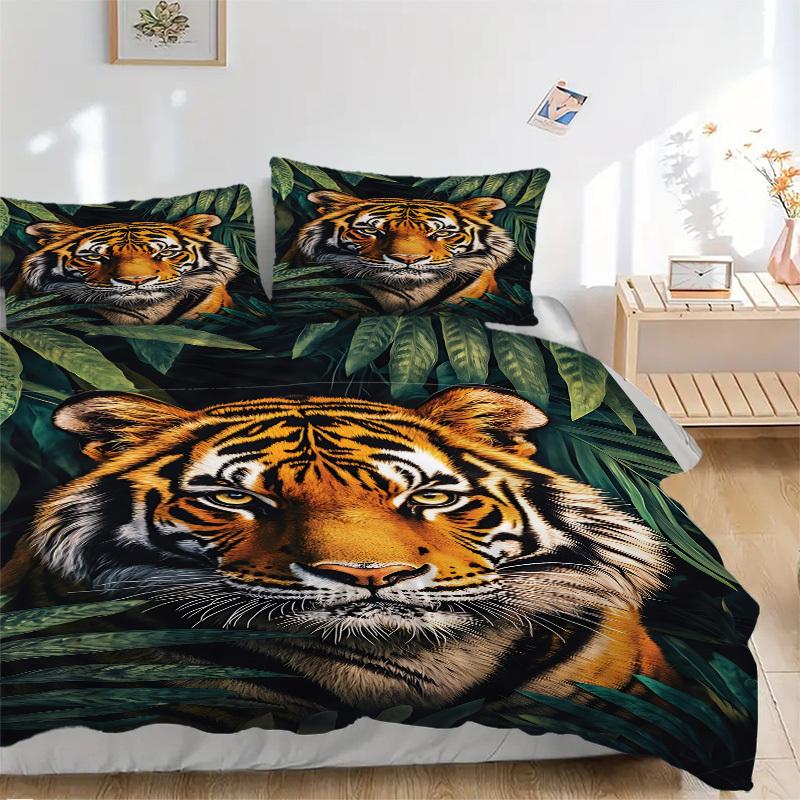 3pcs Tiger Print Duvet Cover Set - Machine Washable, Includes 1 Cover and 2 Pillowcases, No Core Included yy251013095