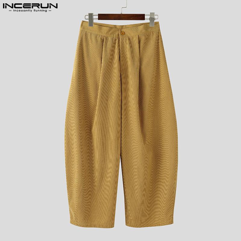 INCERUN Autumn Spring Men Zipper Waist Casual Corduroy Long Trousers Wide Legs Pants