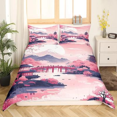 Ukiyo-e Japanese Style Duvet Cover Set Polyester Bedding Set Cherry Blossoms Snow Mountain Comforter Cover King Queen Full Size