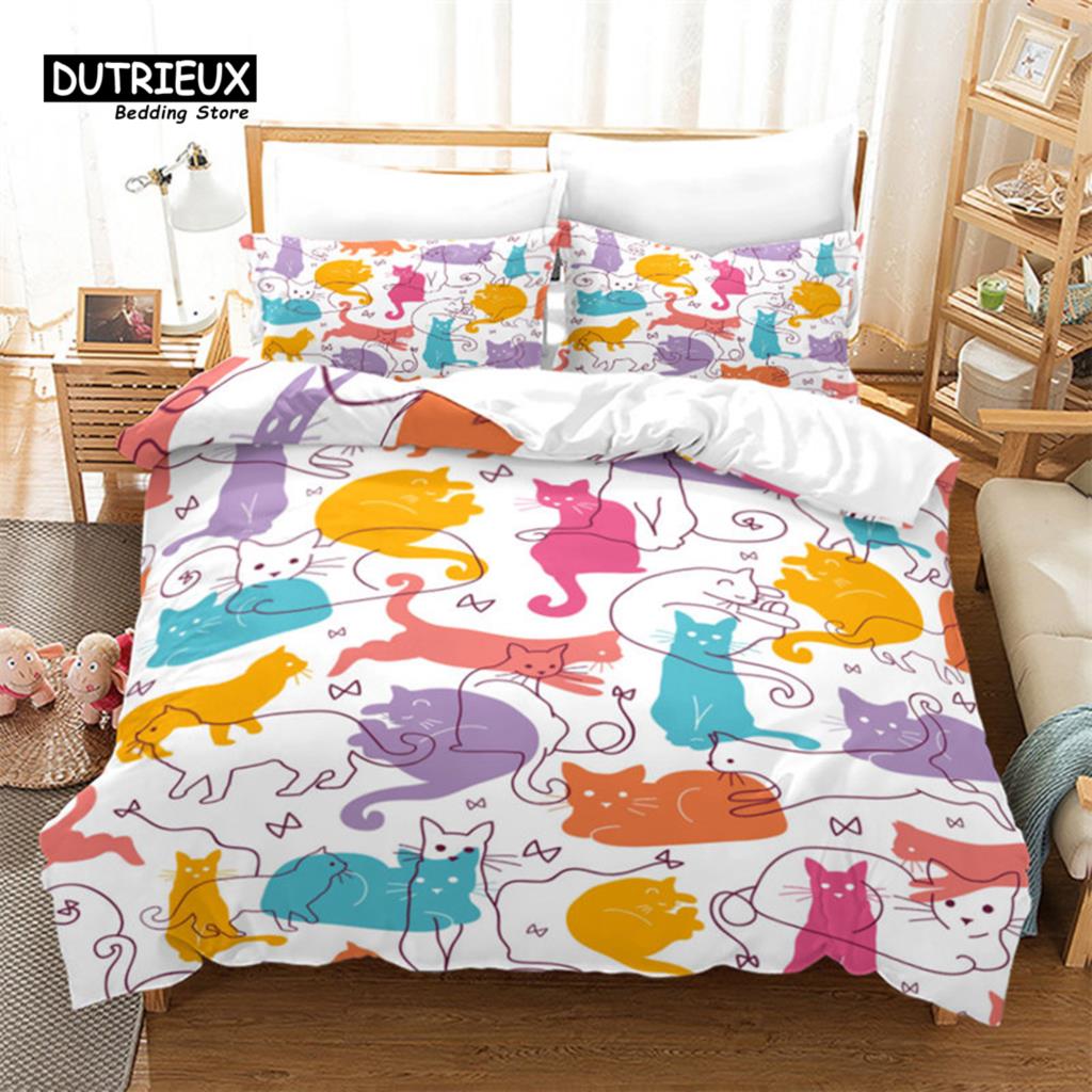 Cute Cartoon Cat Duvet Cover Funny Cats Bedding Set Microfiber Animals Comforter Cover With Pillowcases Twin Full For Kids Teen