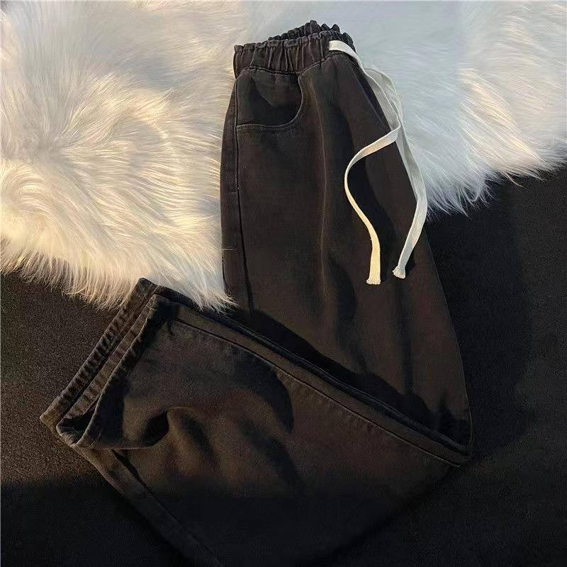 Spring Autumn Women's  Elastic Waist Wide-Leg Jeans with Drawstring  Loose and Casual Fit Retro  Jeans