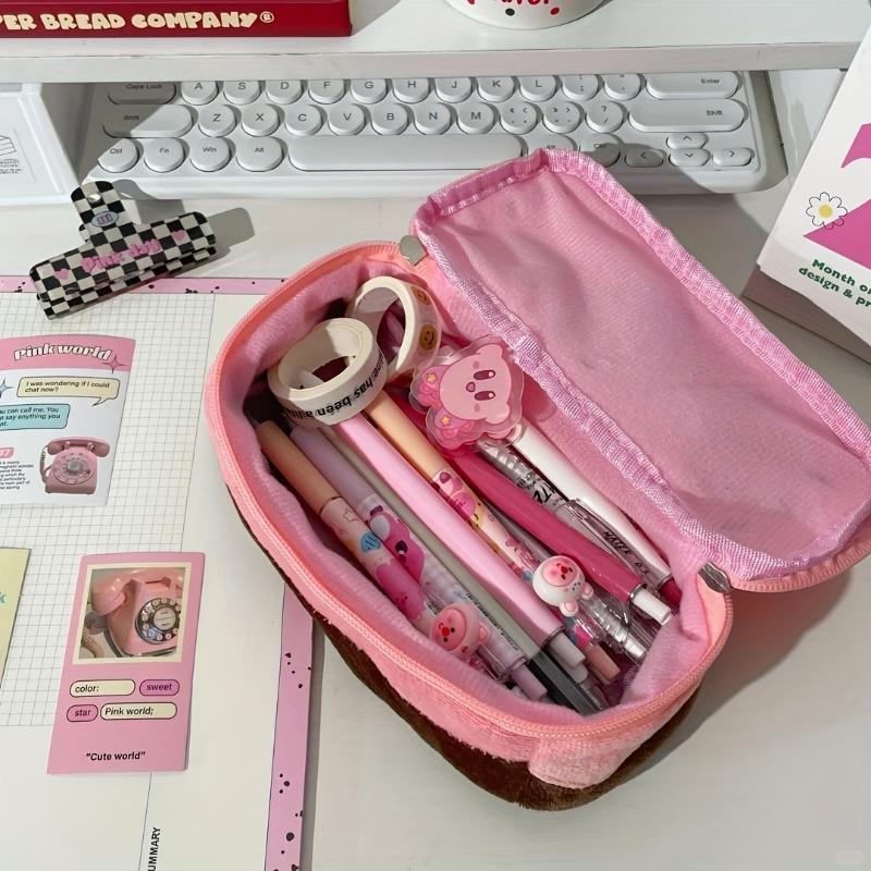 Cute Pink Large-Capacity Pencil Case with Compartments, Portable Stationery Bag for Girls School Travel Use