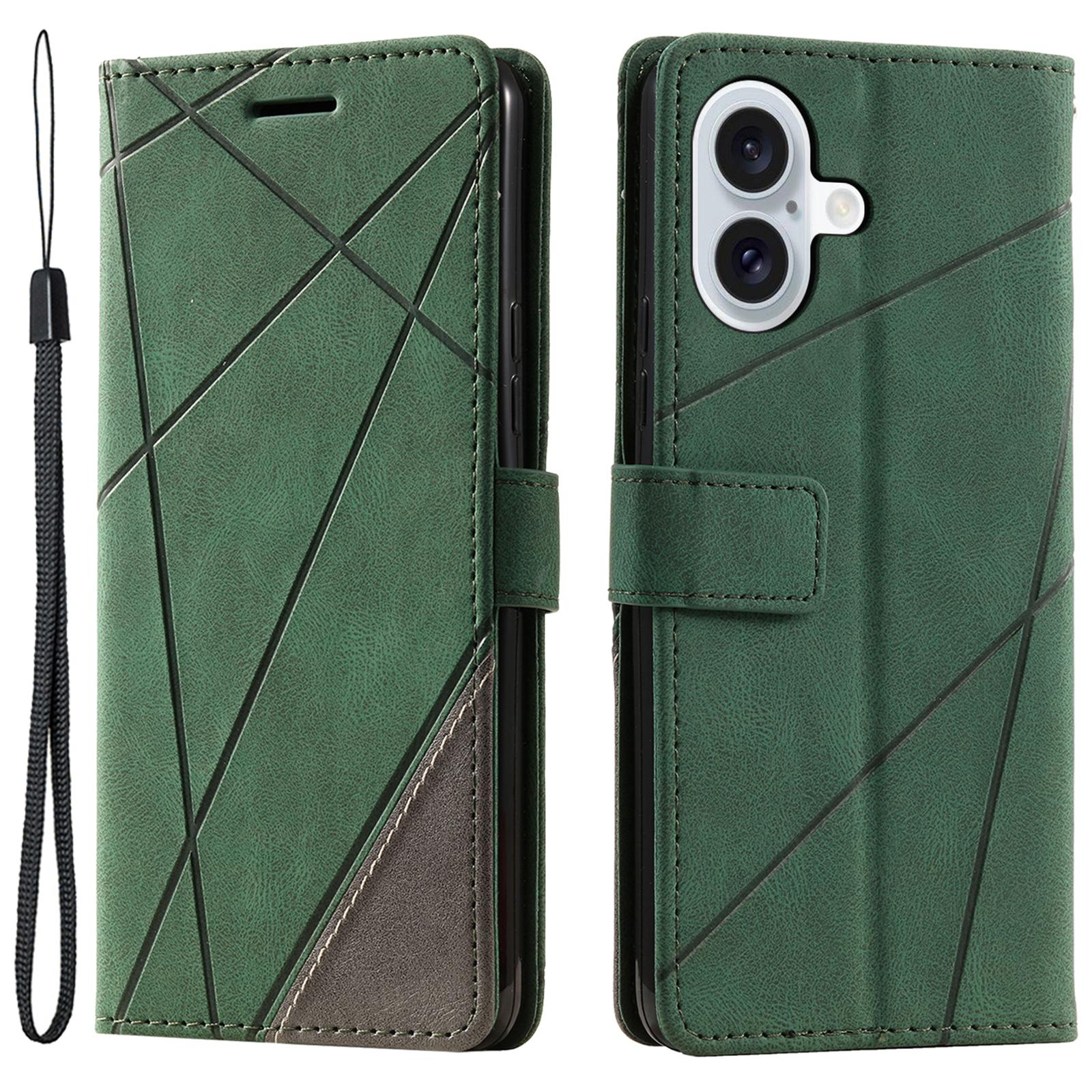 

For iPhone 16 Plus Case Imprinted Lines PU Leather Splicing Wallet Phone Cover Green