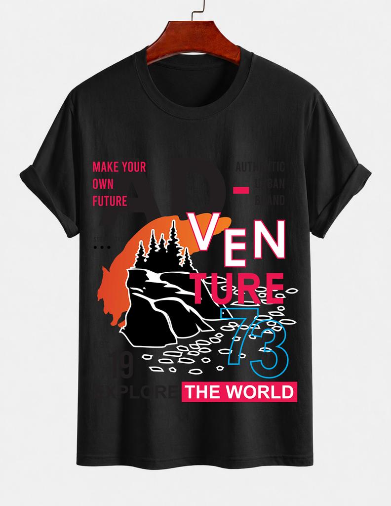 Unisexs Pure Cotton Solid Color Tshirt With Adventure World Exploration Print Crew Neck Short Sleeve Outdoor Street Casual Top