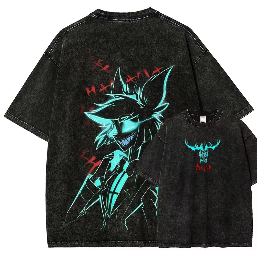 Vintage Washed Hazbin Hotel Graphic T-shirt Unisex Oversized Casual Streetwear Short Sleeve Heavy Cotton Breathable Comfortable Tee Tops