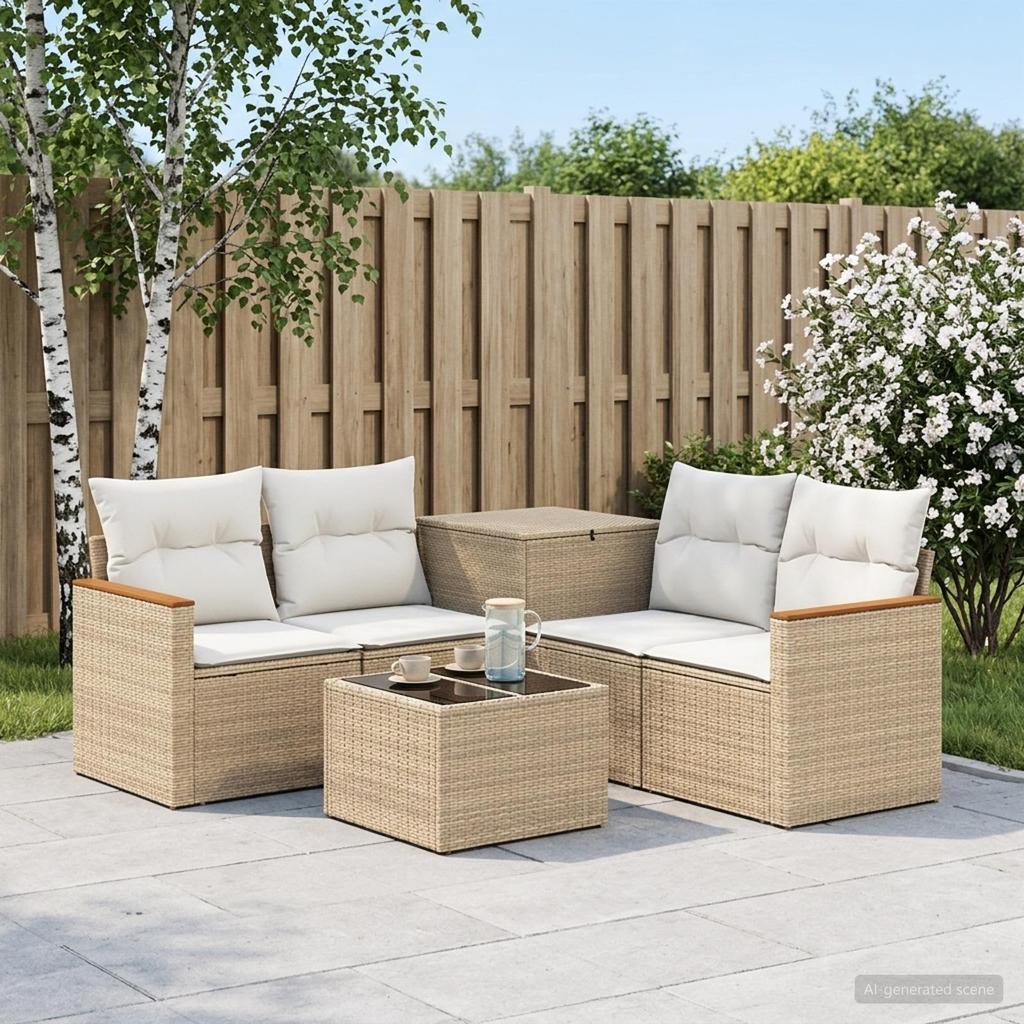 Sofa Set 6 Pieces Beige and Cream White Poly Rattan and Steel
