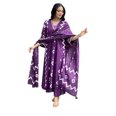 Women's Cotton Anarkali Printed V-Neck Kurta with Palazzo & Dupatta | Ethnic Set | Dupatta Set | Suit Set |Kurta Set |