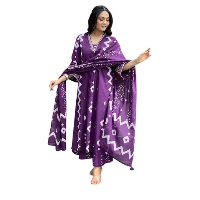 Women's Cotton Anarkali Printed V-Neck Kurta with Palazzo & Dupatta | Ethnic Set | Dupatta Set | Suit Set |Kurta Set |