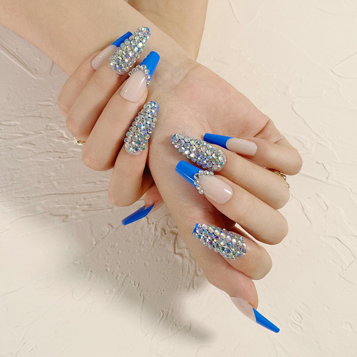 Blue French full diamond presson nail wear nail art finished fake nail removable nail patch