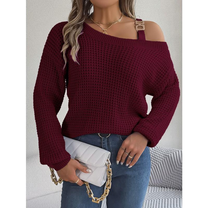 VEZFAA Women's Fashion Casual Fall Winter Solid Color Print Long Sleeve Oblique Collar Sweaters