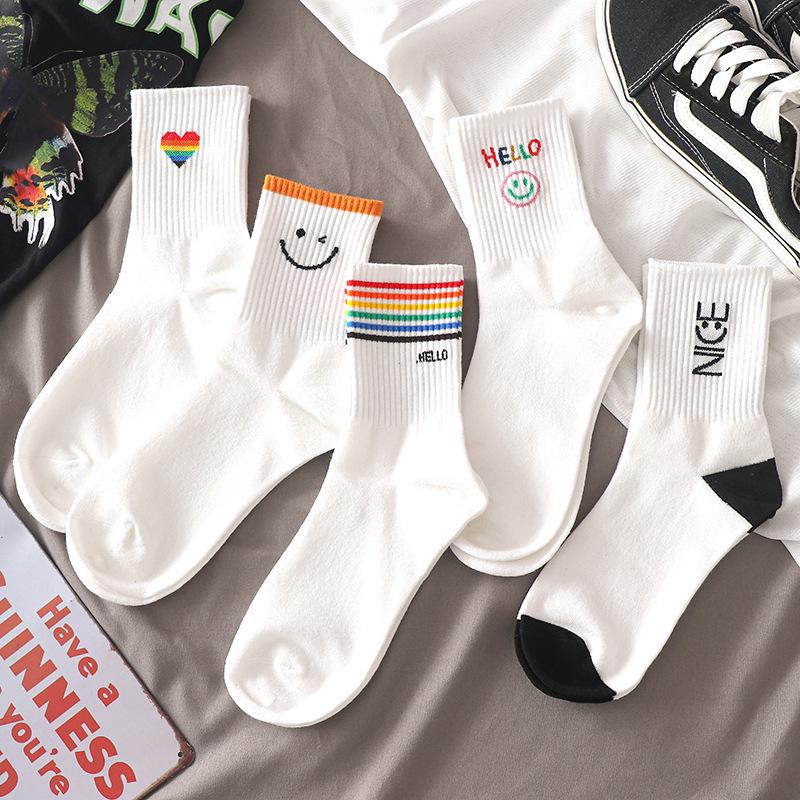 Black Cartoon Korean Women's Mid-Tube Socks - Autumn/Winter Trendy Sports Style, Versatile All-Match White Socks, Popular Among Students.