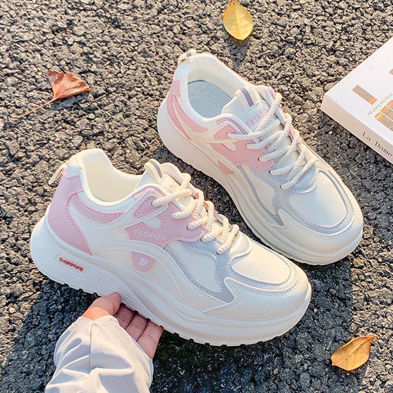 Lätta damvinterskor med mjuk sula, läderovandel, sportiga pappaskor med högre sula, lätta, slitstarka löparskor