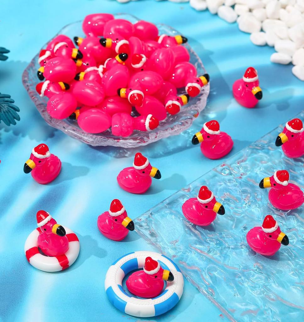 10/20PCS Mini Resin Hot Pink Flamingo with Santa Hat Christmas Xmas Ornaments For DIY Fairy Garden Home Holiday Party Decor Gift
