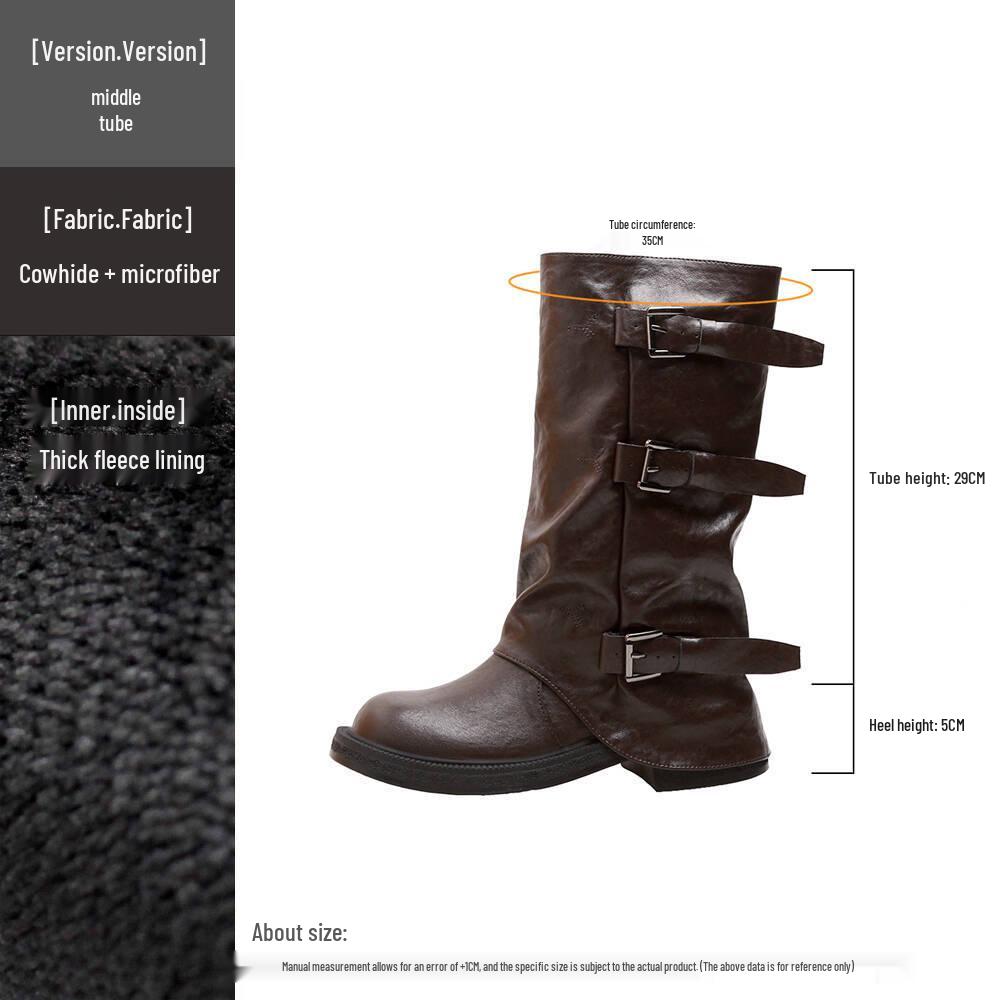 

Thick-Soled Women s 2025 Western Belt Buckle Mid-Calf Boots Ruched Stacked Knee-High Boots Size 40