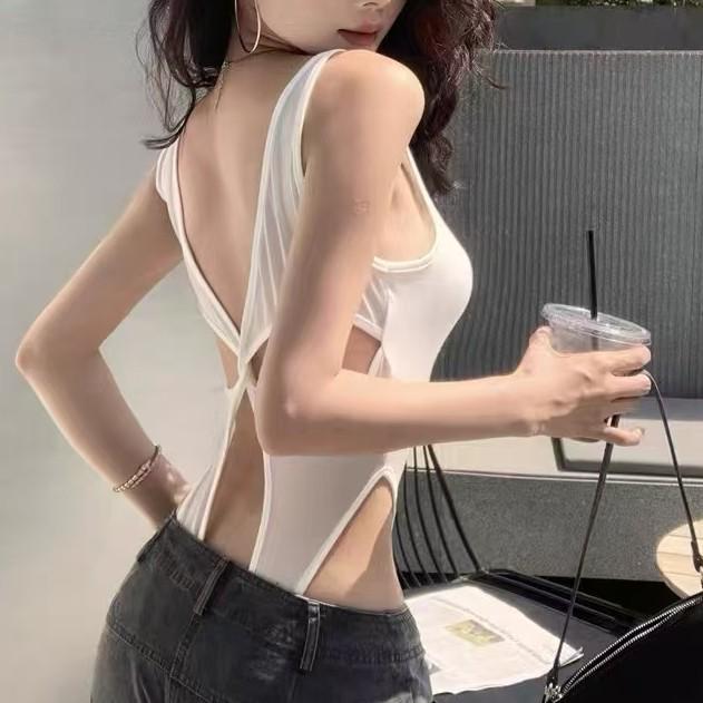 940 Sweet & Spicy Cotton Backless Bodysuit: Women's Sexy Criss-Cross Sleeveless Top with Spaghetti Straps