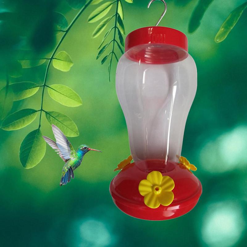 Comedero de plástico con gancho de hierro para flores para jardín al aire libre con forma de botella para colibríes