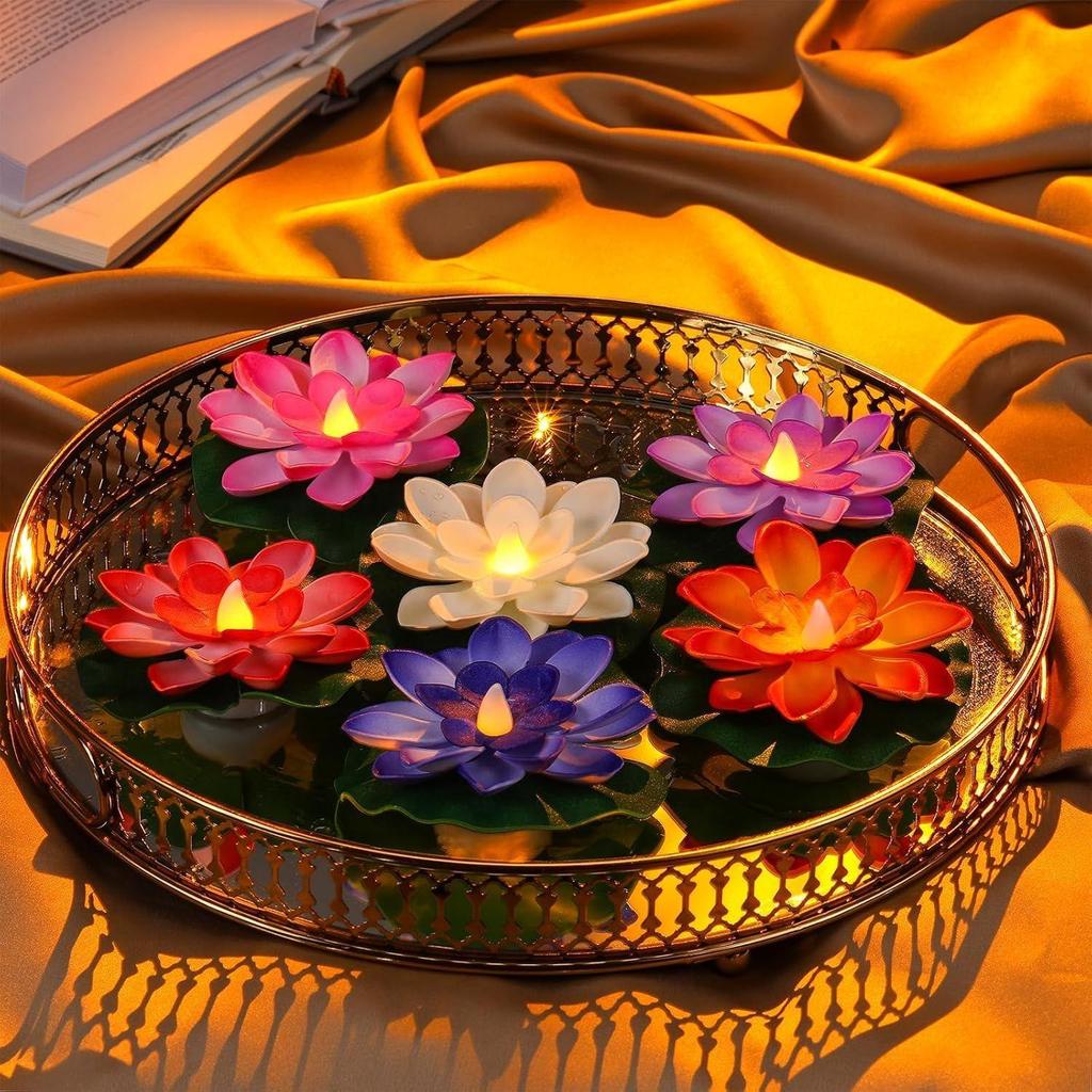 Multicolored, Smokeless and Flameless Tea Lights for Diwali - VERVENIX Set of 6 Floating Lotus LED Candles with Water Sensor