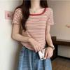 Kurzarm T-Shirt Koreanischer U-Ausschnitt Casual Fashion Shirt Tops T-Shirt Damen Einfarbig Gestreiftes T-Shirt