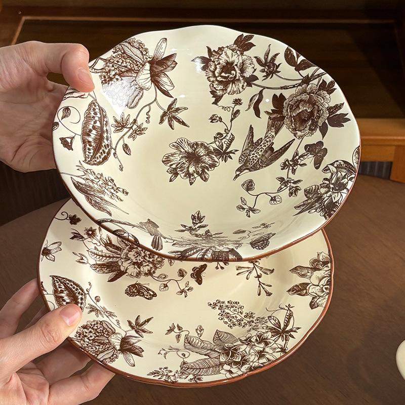 Medieval Flower Tableware Set Light Luxury Advanced Ceramic Bowl Household Plate Rice Bowl Large Capacity Soup Bowl