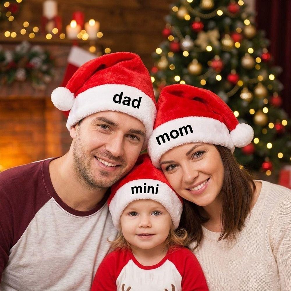 Fluffy Christmas Santa Cap DAD MOM MINI Embroidered Family Xmas Decor Hat Xmas Party Gift