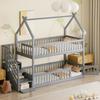 90x200 Children's Bunk Bed Solid Wood Bed with Roof, Safety Stairs and Storage Drawers, Storage Children's Bed Single Bed Gray