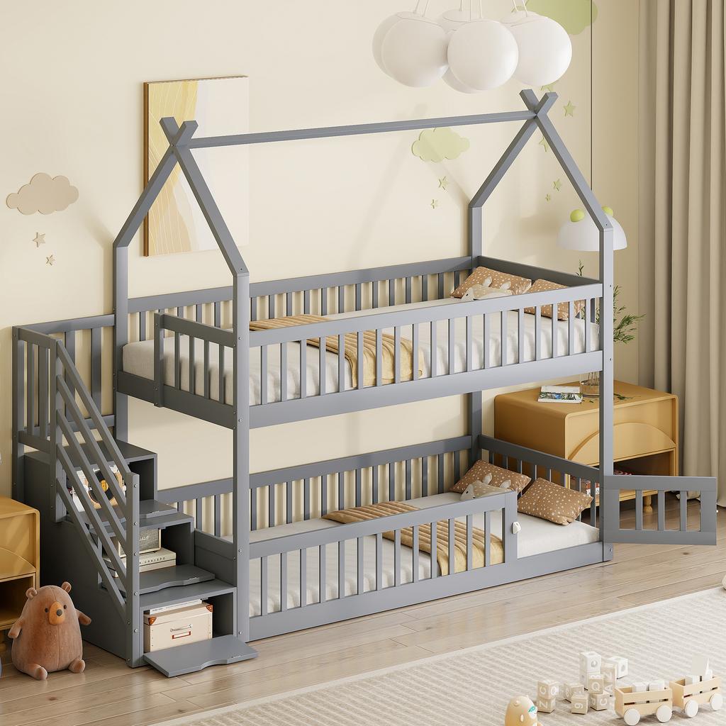 90x200 Children's Bunk Bed Solid Wood Bed with Roof, Safety Stairs and Storage Drawers, Storage Children's Bed Single Bed Gray