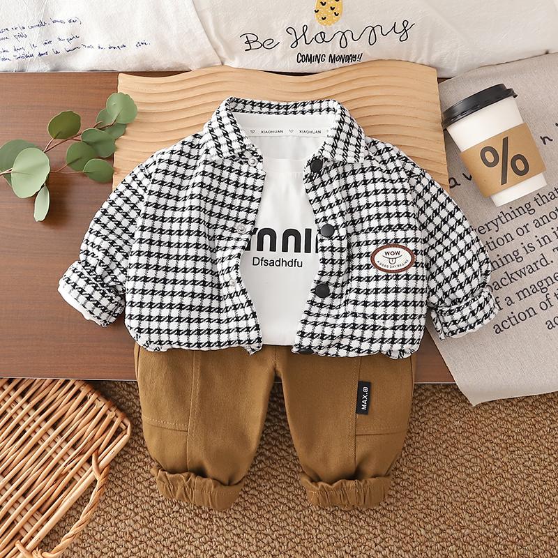 Boys' long sleeved three piece set - Autumn and winter checkered shirt jacket - White top - Casual pants set - high-quality clothes