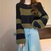 Striped Knit Sweater with Lantern Sleeves for Women Warm Sweater Fashionable Short Top