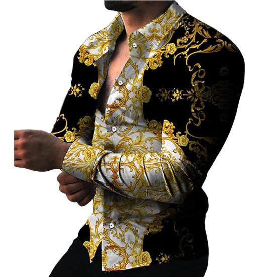 

Мужская рубашка с длинными рукавами и пуговицами, кардиган с лацканами, однобортный теплый приталенный повседневный осенний топ с цветочным принтом для свиданий M чёрный