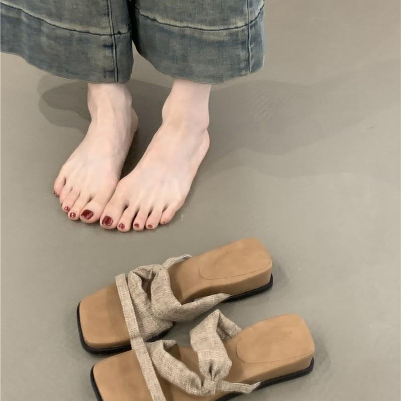 Platform Open-toed Sandals Women's 2025 Summer Korean Version Retro Linen Bohemian Vacation Beach Slippers